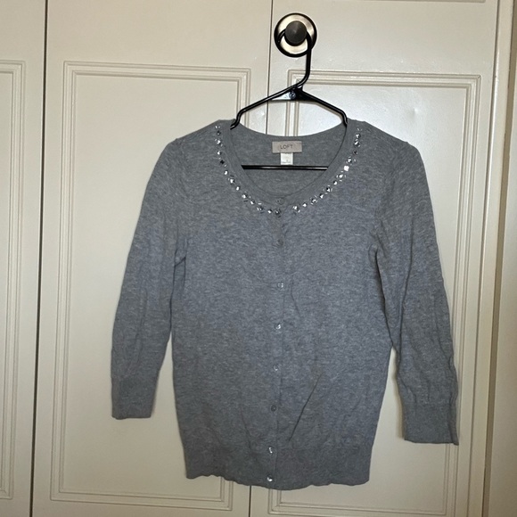 LOFT Sweaters - Loft Light Gray Cardigan with beaded neckline